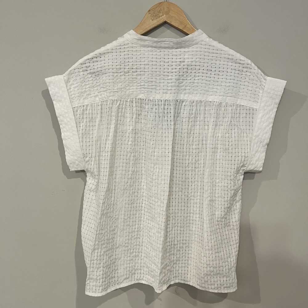 THML White Blue Check V-Neck Tunic Blouse Trim Short Sleeve Womens Size M - Picture 2 of 7